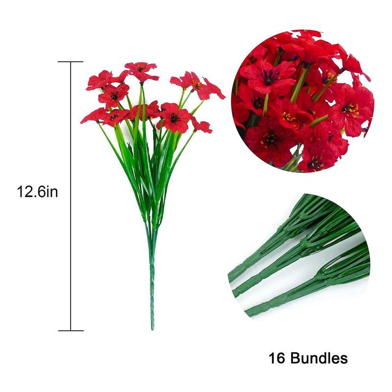 16 Pcs Bundles Artificial Flowers for Garden Porch Window Box Red