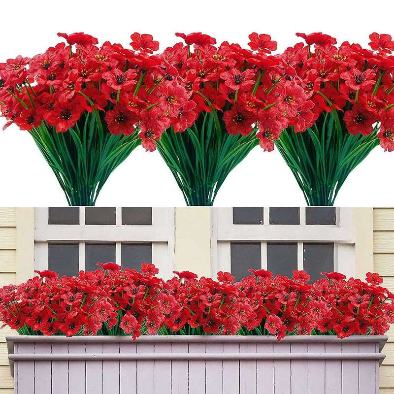 16 Pcs Bundles Artificial Flowers for Garden Porch Window Box Red