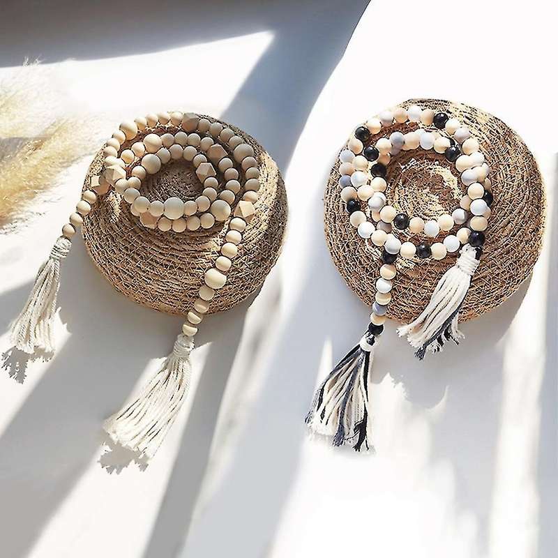2pcs Tassel Wood Bead Wreath - Boho Layered Tray Decor(creamy-white)