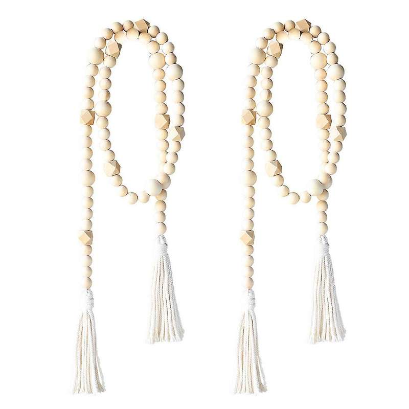 2pcs Tassel Wood Bead Wreath - Boho Layered Tray Decor(creamy-white)