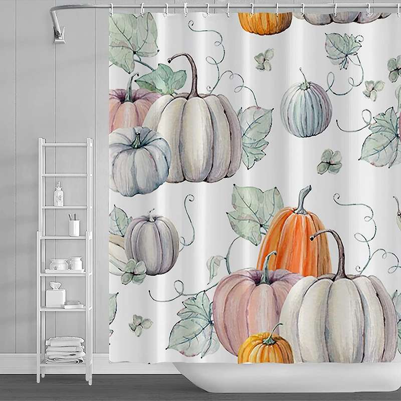 Autumn Shower Curtain Watercolor Pumpkin Maple Leaf Shower Curtain