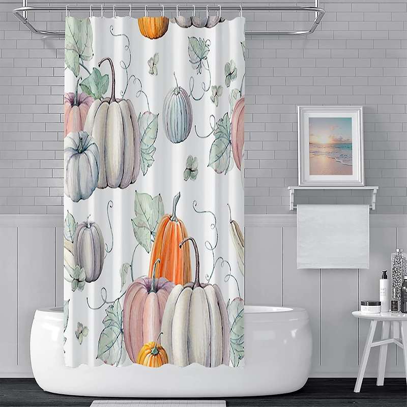 Autumn Shower Curtain Watercolor Pumpkin Maple Leaf Shower Curtain