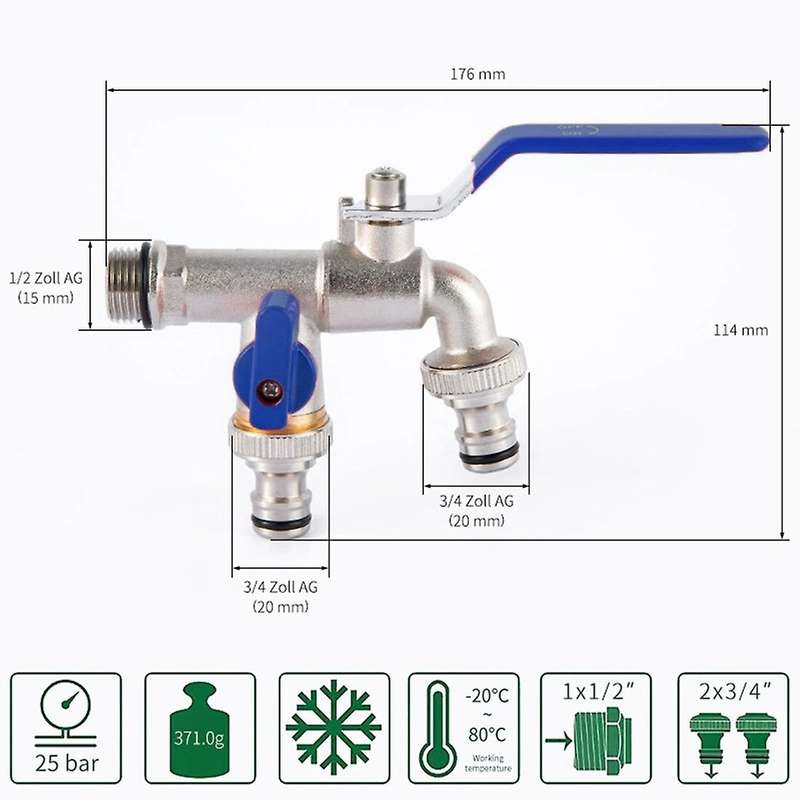 Double Outlet Garden Outdoor Tap Valve Faucet 1/2 Inch / 3/4 Inch B
