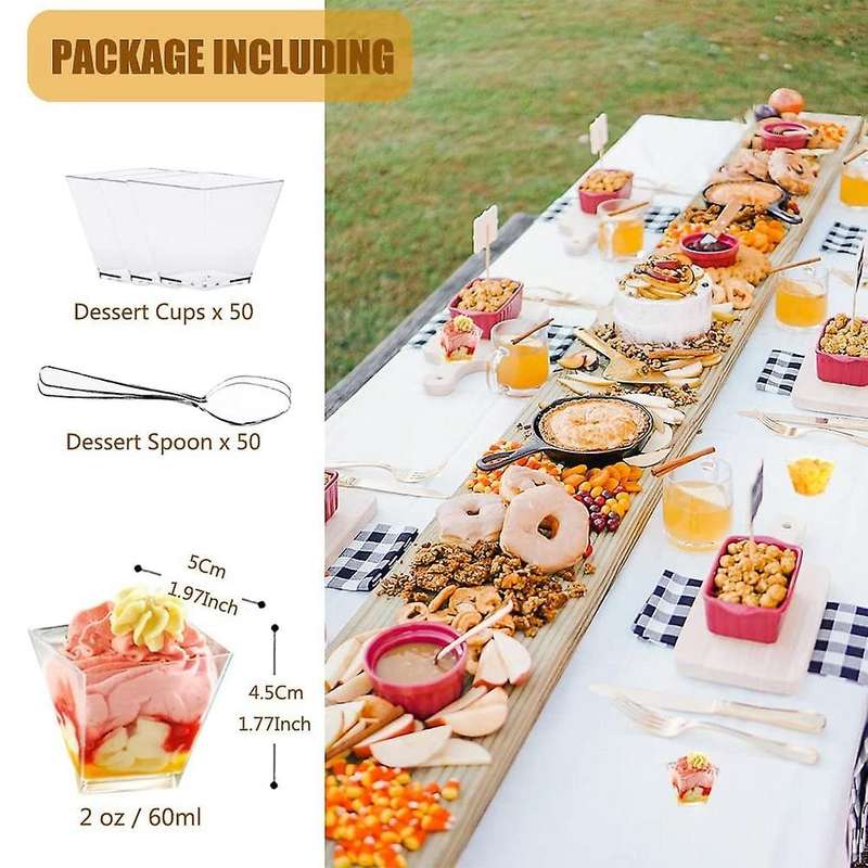 50pcs Plastic Dessert Cups + 50pcs Spoons Dessert Cups Clear