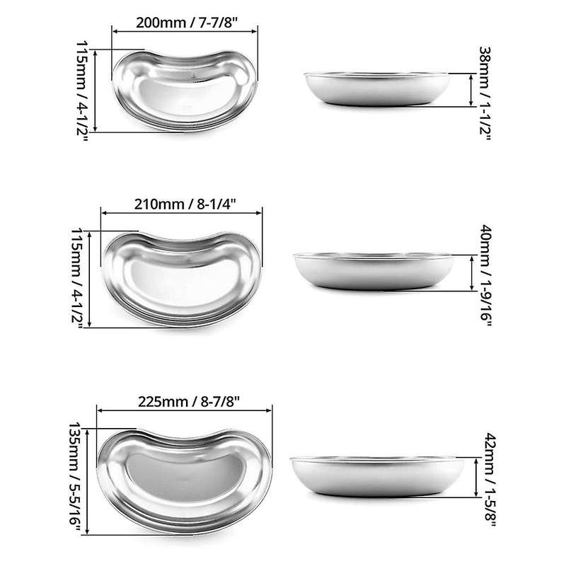3 Pcs ( 200mm + 210mm + 225mm) 304 Stainless Steel Kidney Trays