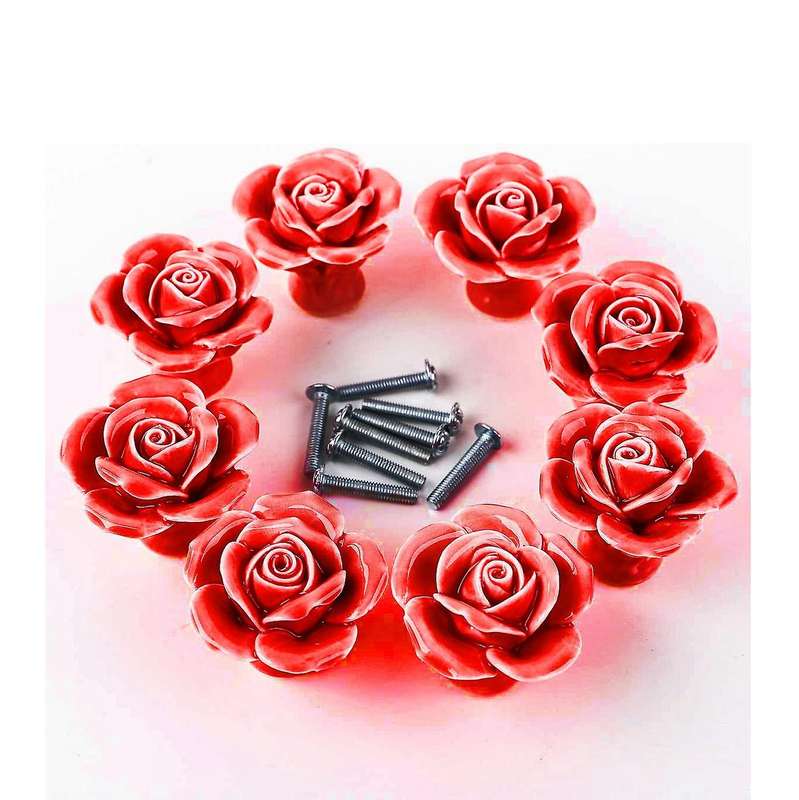 8pcs Rose Door Knobs Cabinet Handles Pull for Home Kitchen ( Red )