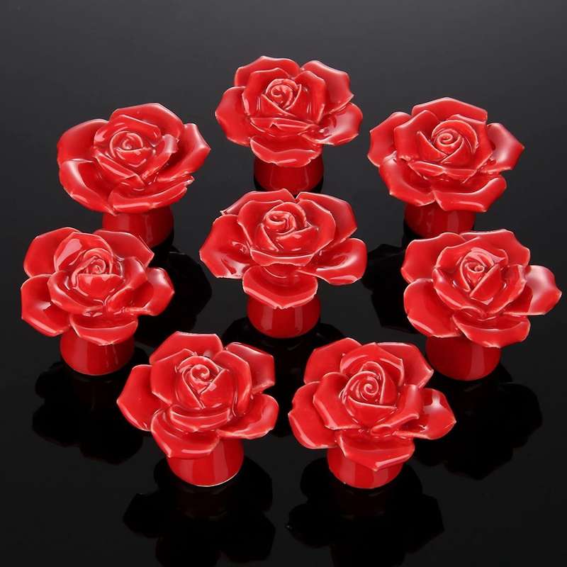 8pcs Rose Door Knobs Cabinet Handles Pull for Home Kitchen ( Red )
