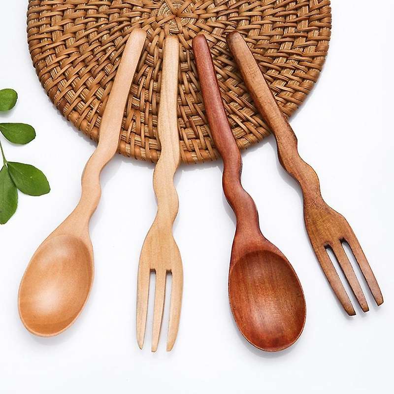 Wooden Handle Tea Spoon Wavy Shape Wood Fork Dessert Restaurant