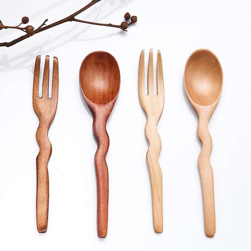 Wooden Handle Tea Spoon Wavy Shape Wood Fork Dessert Restaurant