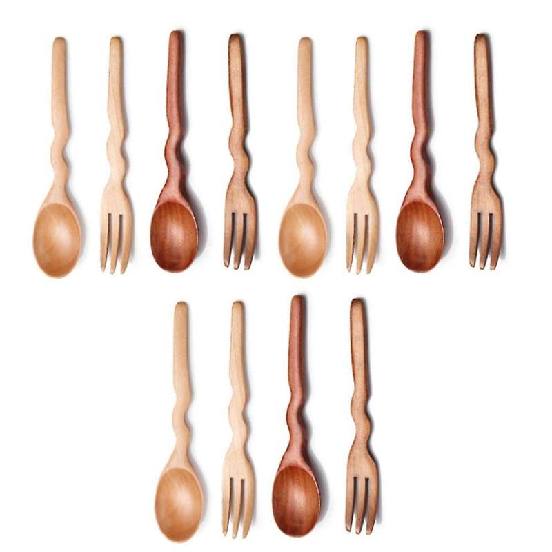 Wooden Handle Tea Spoon Wavy Shape Wood Fork Dessert Restaurant