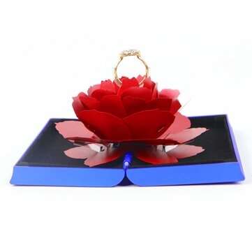 3D Folding Rotating Rose Ring Box Birthday Valentine`s Day Jewelry Display  (COLOR2: BLUE)