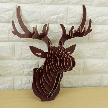 3D Wooden Elk Head Wall Hanging Craft DIY Model Animal Wildlife for Home Deco... (COLOR.: DARKBROWN)