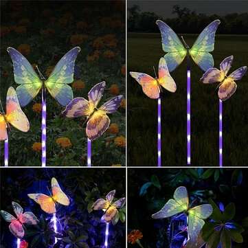 3Pcs LED Solar Powered Fiber Optic Butterfly Light Outdoor Ground Plug Light IP65 Waterproof Garden