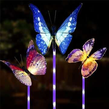 3Pcs LED Solar Powered Fiber Optic Butterfly Light Outdoor Ground Plug Light IP65 Waterproof Garden