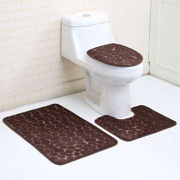 3PCS Toilet Seat Covers Bathroom Carpet Non-Slip Pedestal Rug + Lid Toilet Cover ... (COLOR.: BROWN)