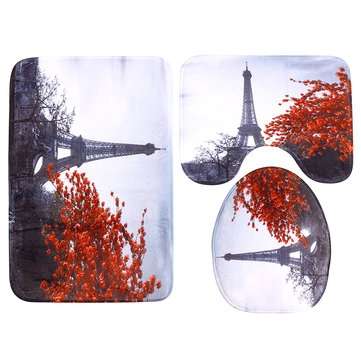 3Pcs/Set Eiffel Tower Maple Bathroom Anti-slip Carpet Rug Toilet Cover Bath Floor Mat
