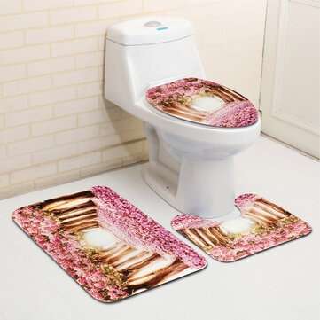 3Pcs/Set Sakura Pattern Home Bathroom Non-Slip Pedestal Rug Lid Toilet Cover Bath Mat Carpet Pad