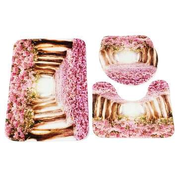 3Pcs/Set Sakura Pattern Home Bathroom Non-Slip Pedestal Rug Lid Toilet Cover Bath Mat Carpet Pad