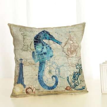 45*45cm Sea Creature Pillow Case Octopus Seahorse Conch Print Cushion Cover Linen Th... (PATTERN: 7)