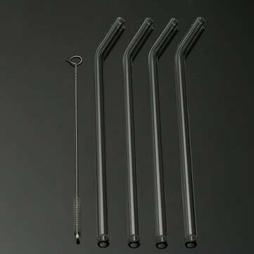 4Pcs 5mm Reusable Clear Bent Glass Drinking Straws Water Juice Straws with Cleaning Brush