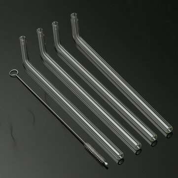 4Pcs 5mm Reusable Clear Bent Glass Drinking Straws Water Juice Straws with Cleaning Brush