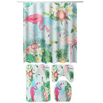 4PCS Bathroom Flamingo Shower Curtain Pedestal Rug Lid Toilet Cover Bath Mat Set