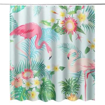 4PCS Bathroom Flamingo Shower Curtain Pedestal Rug Lid Toilet Cover Bath Mat Set