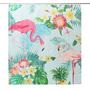 4PCS Bathroom Flamingo Shower Curtain Pedestal Rug Lid Toilet Cover Bath Mat Set