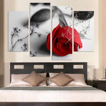 4pcs Red Rose Canvas Painting Wall Art Hanging Drawing Pictures Home Living Room Office Decoration F