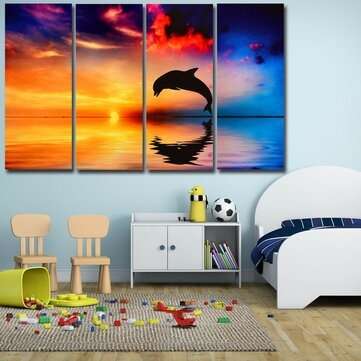 4Pcs/set Dolphin Sunset Sea Wall Decorative Paintings Canvas Print Art Pictures Frameless Wall Hangi