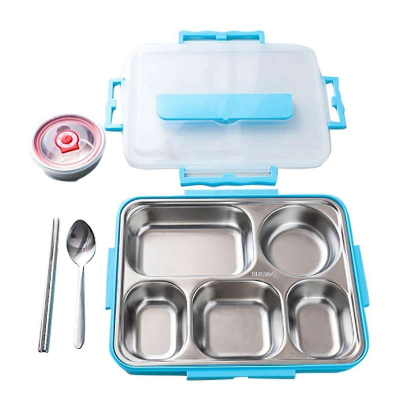 5 Compartments Lunch Box Stainless Steel Leak-Proof Bento Boxes Soup Container School Dinnerware(Bl