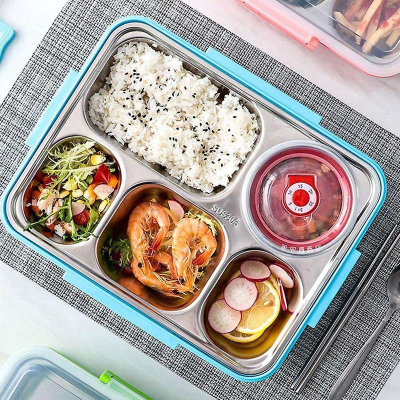 5 Compartments Lunch Box Stainless Steel Leak-Proof Bento Boxes Soup Container School Dinnerware(Bl