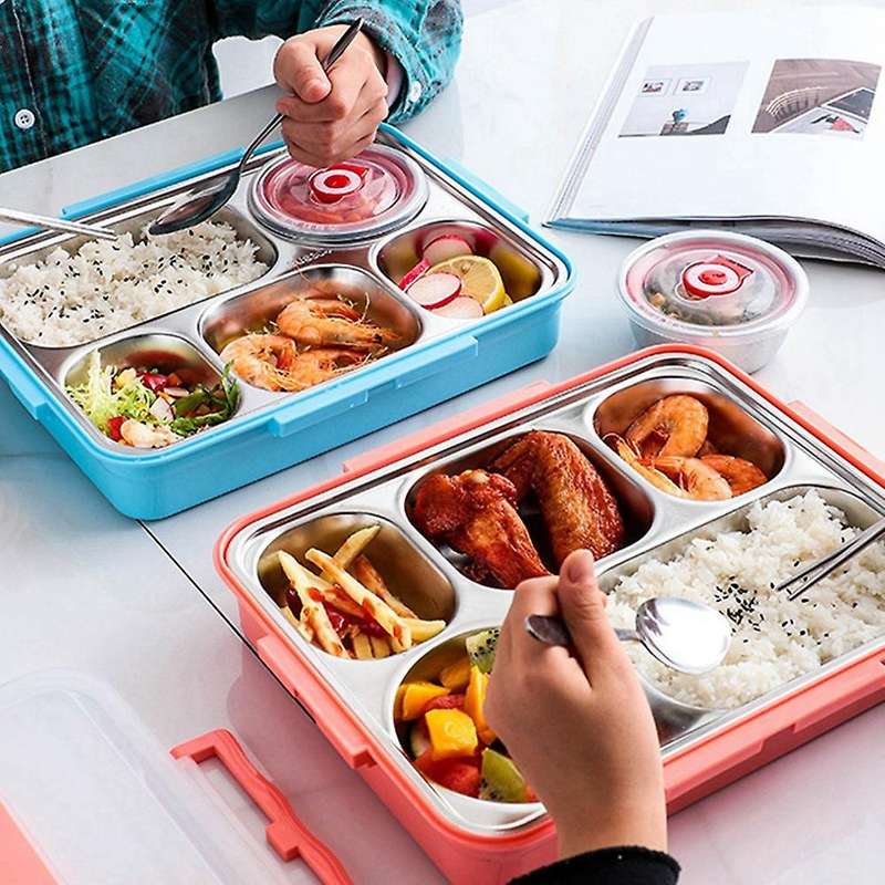 5 Compartments Lunch Box Stainless Steel Leak-Proof Bento Boxes Soup Container School Dinnerware(Bl