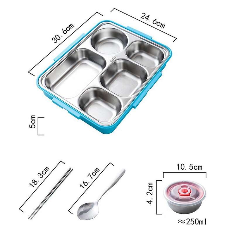 5 Compartments Lunch Box Stainless Steel Leak-Proof Bento Boxes Soup Container School Dinnerware(Bl