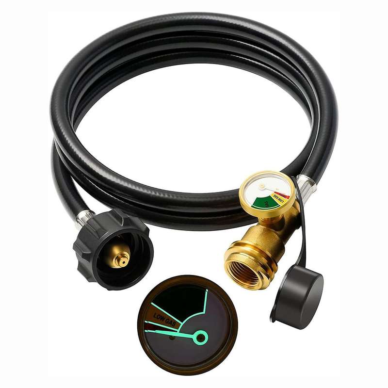 5 Feet Propane Tank Extension Hose with 0-30PSI Gauge, Brass (External Thread)/(Internal Thread) Fit