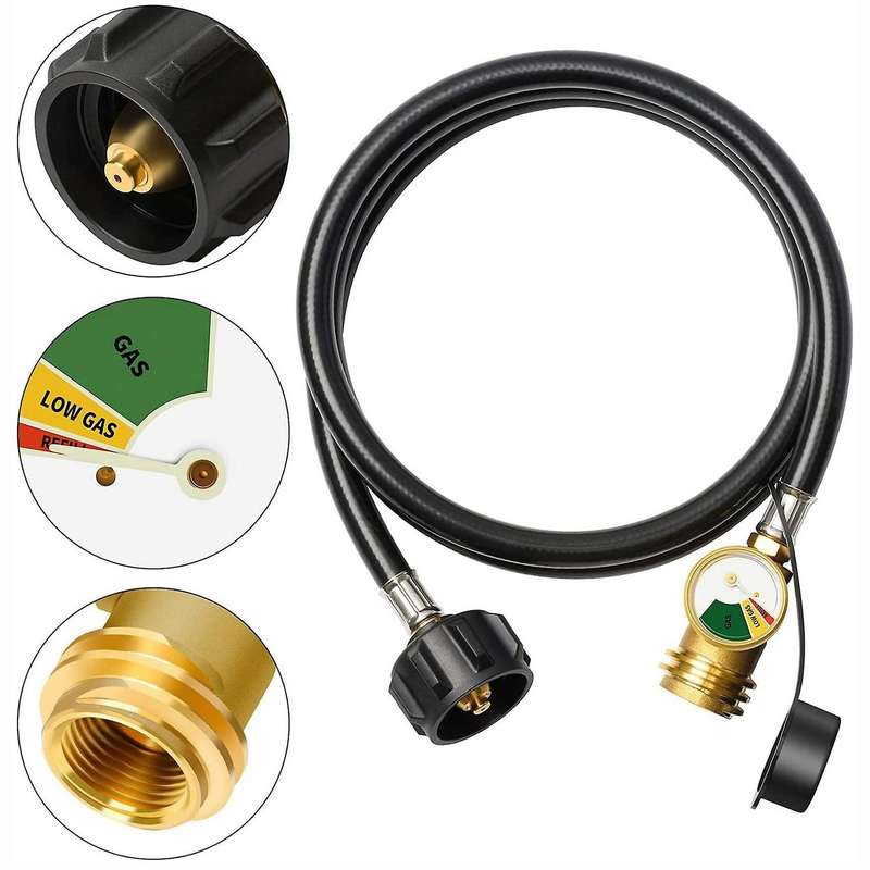 5 Feet Propane Tank Extension Hose with 0-30PSI Gauge, Brass (External Thread)/(Internal Thread) Fit