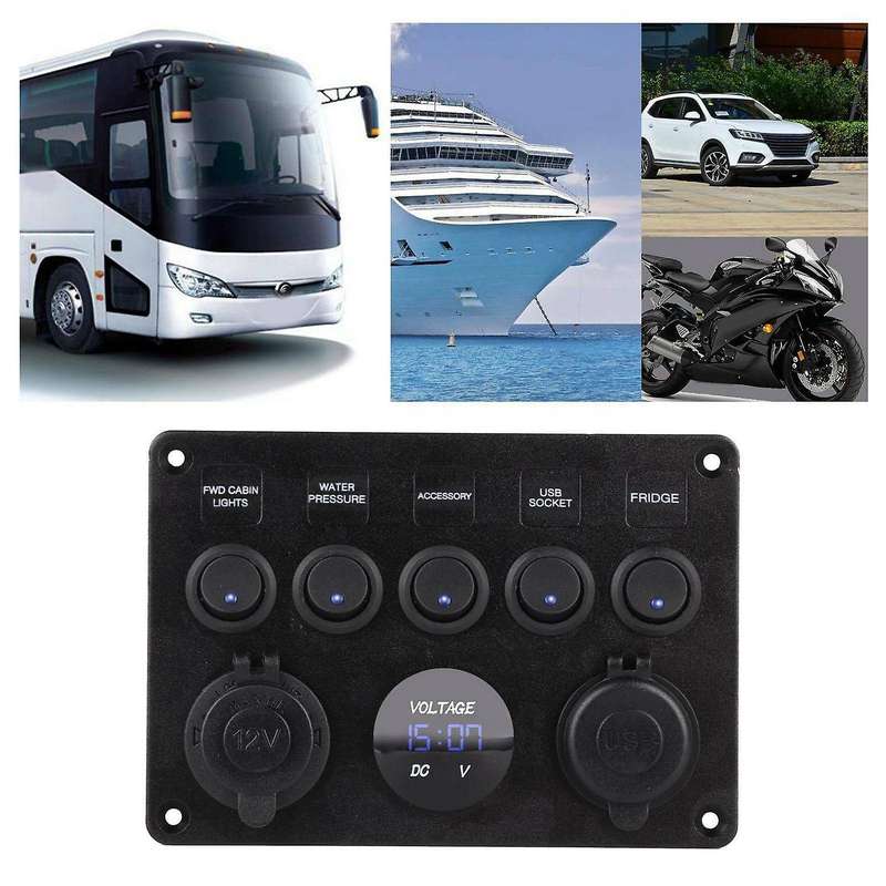 5 Gang 12V/24V Inline-Fuse Box LED Switch Panel USB Car Boat Truck