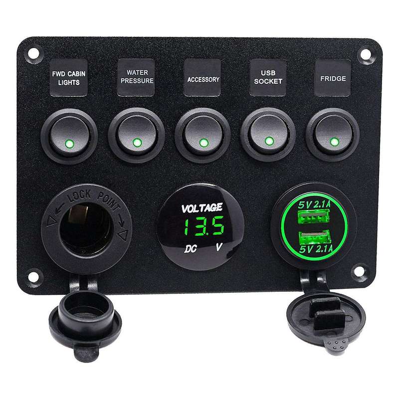 5 Gang 12V/24V Inline-Fuse Box LED Switch Panel USB Car Boat Truck