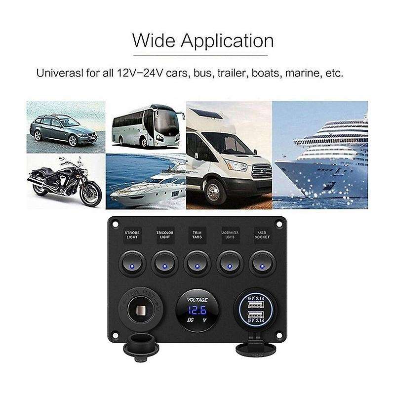 5 Gang Red LED Light Rocker Switch Panel Console 12V Car Boat Marine RV (Blue)