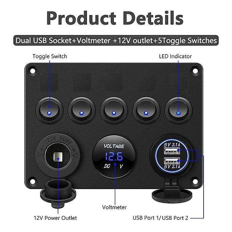 5 Gang Red LED Light Rocker Switch Panel Console 12V Car Boat Marine RV (Blue)