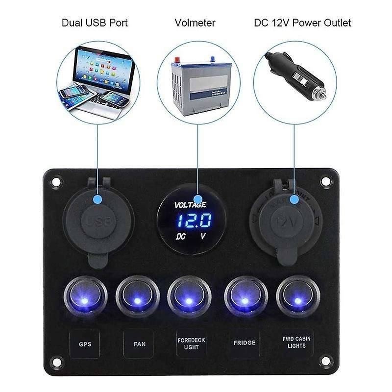 5 Gang Red LED Light Rocker Switch Panel Console 12V Car Boat Marine RV (Blue)