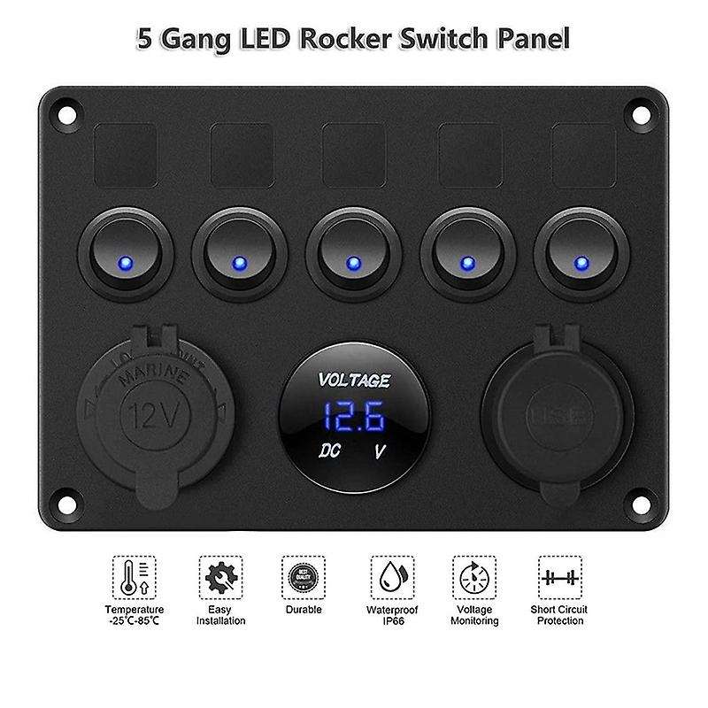 5 Gang Red LED Light Rocker Switch Panel Console 12V Car Boat Marine RV (Blue)