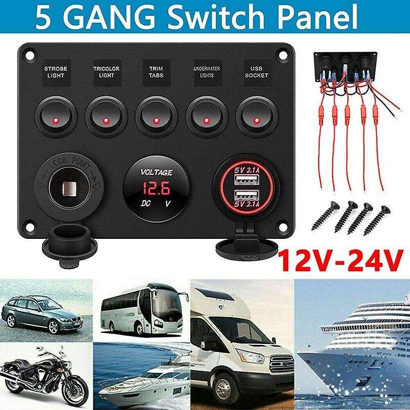 5 Gang Red LED Light Rocker Switch Panel Console 12V Car Boat Marine RV (Red)