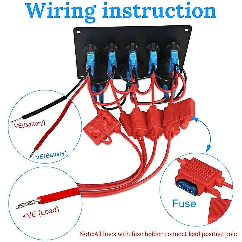 5 Gang Red LED Light Rocker Switch Panel Console 12V Car Boat Marine RV (Red)