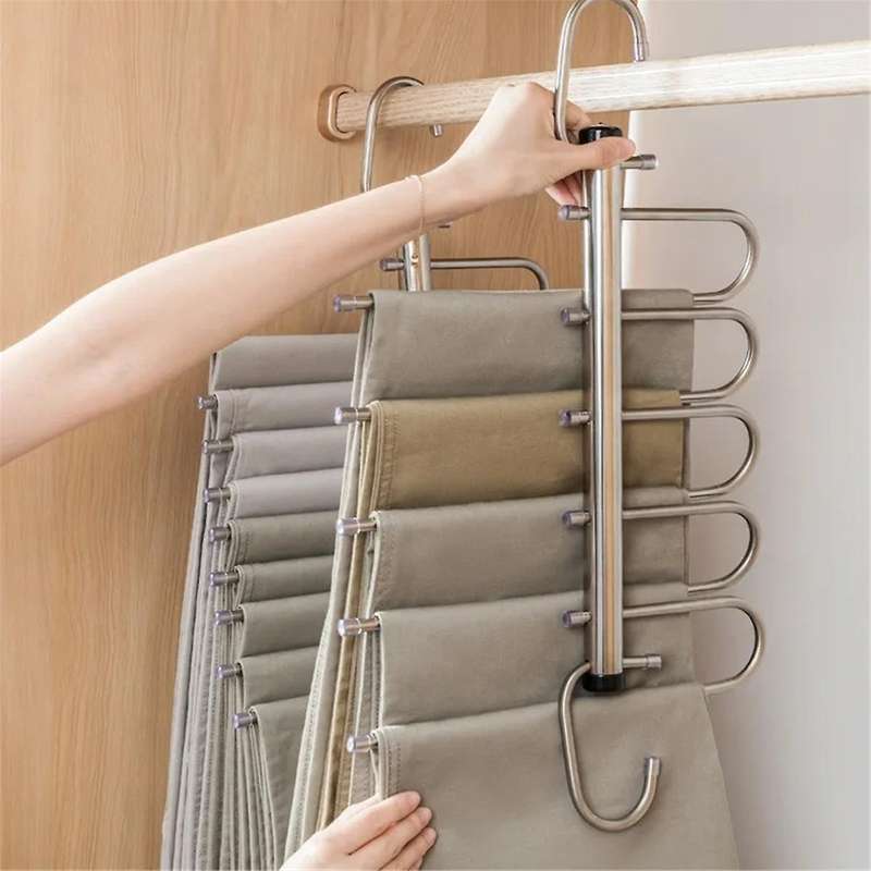 5 Layers Folding Pants Hangers Stainless Steel Space Saving Clothes Rack Organizer for Wardrobe Jean