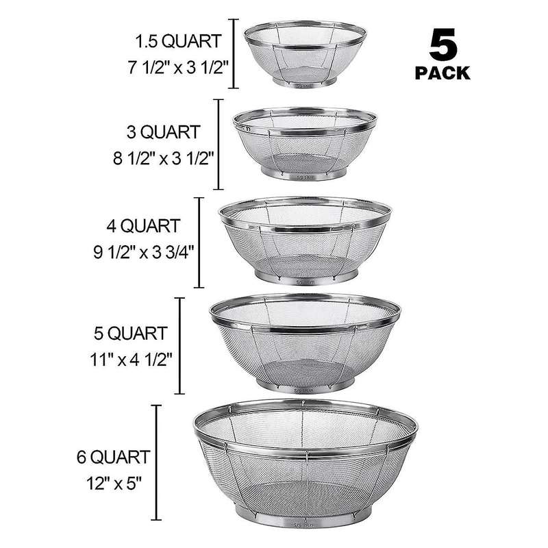 5 Pack Strainers for Kitchen, Stainless Steel Colander, Fine Mesh Strainer for Pasta, Rice and Fruit