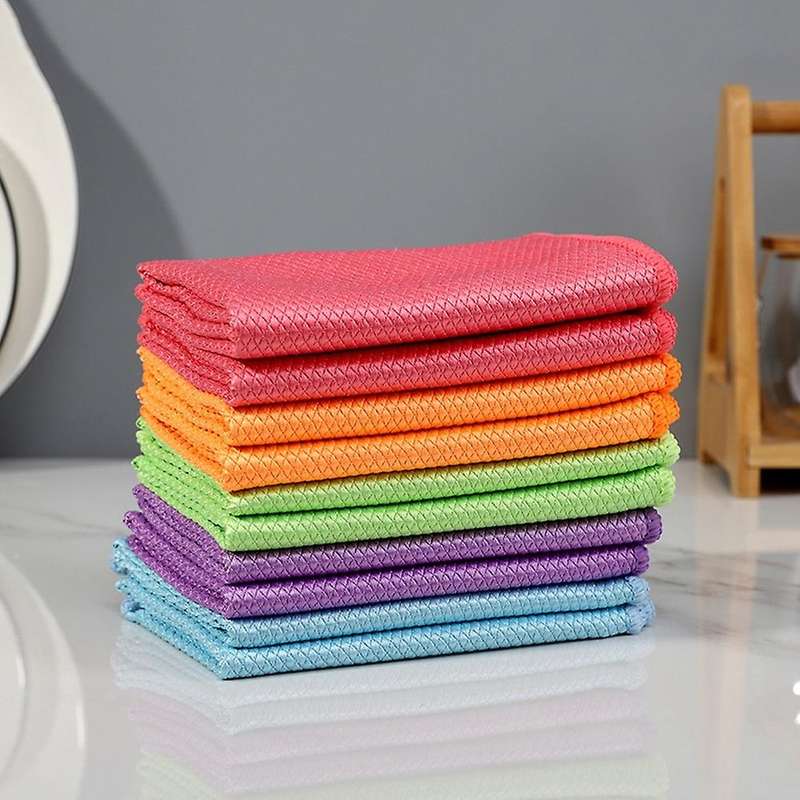 5 Pcs Fish Scale Grid Glass Cleaning Cloth without Water Mark Thickened Kitchen Cleaning Towel Absor
