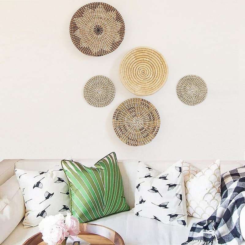 5 Pcs Woven Wall Basket Set - Five Hanging Seagrass Baskets, Decorative, Boho Style Baskets Perfect