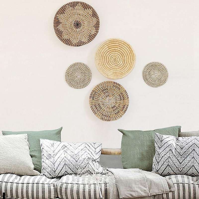 5 Pcs Woven Wall Basket Set - Five Hanging Seagrass Baskets, Decorative, Boho Style Baskets Perfect