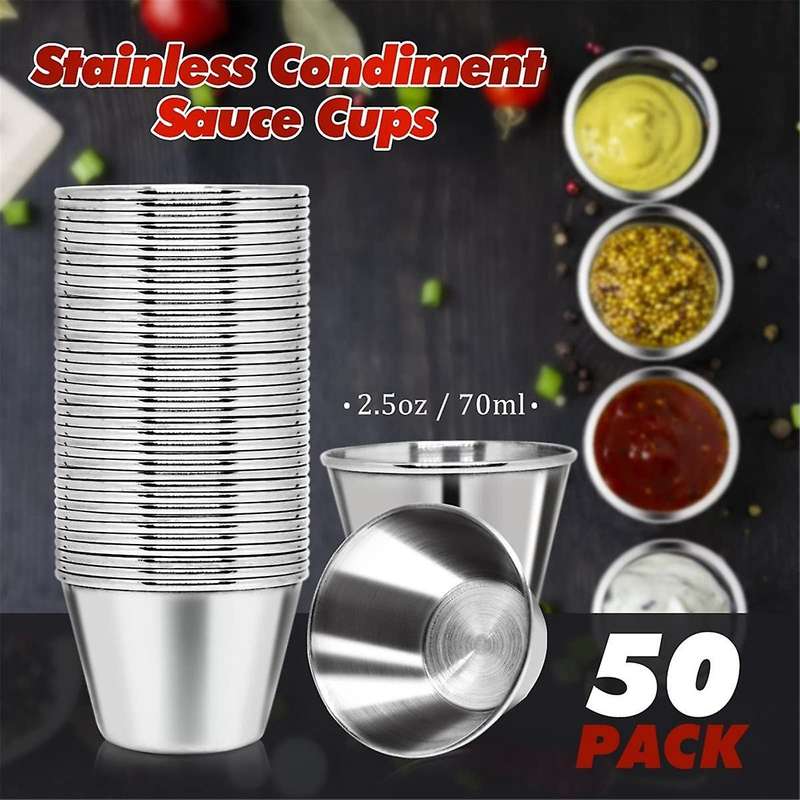 50 Pcs Metal Sauce Cups 2.5oz Ramekins, Stainless Steel Dipping Sauce Cups Metal Condiment Container